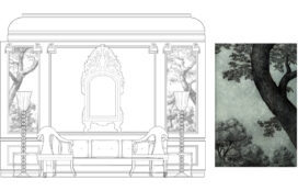 Interior elevation showing hand-painted glass wall panels and hand-sketched ink renderings