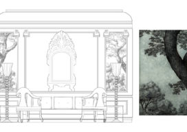 Interior elevation showing hand-painted glass wall panels and hand-sketched ink renderings