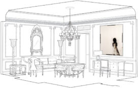 Interior 3d hand rendering of living and dining areas of St. Regis owner's suite