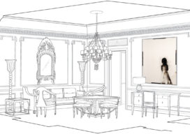 Interior 3d hand rendering of living and dining areas of St. Regis owner's suite