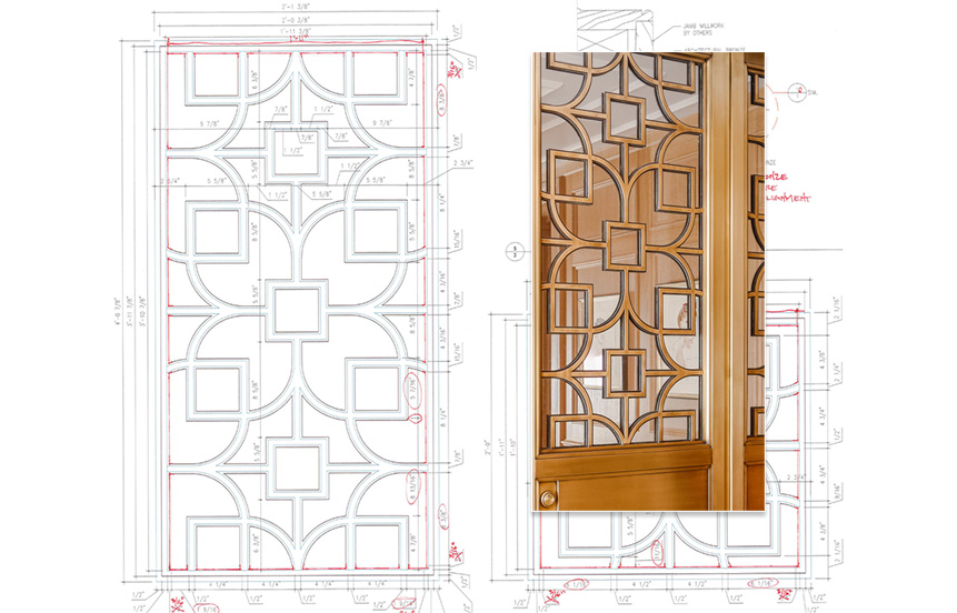 Custom designed bronze and glass entry gates, architectural drawing and detail photo