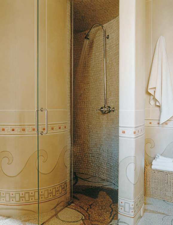 Deco-era duplex apartment bathroom walk-in shower with curved walls and decorative painting