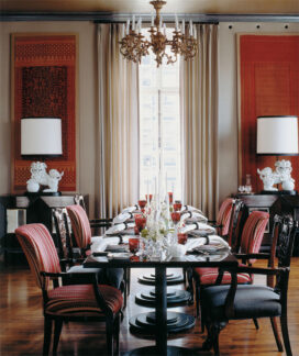 Deco-era duplex apartment dining room with antique ikats on the wall