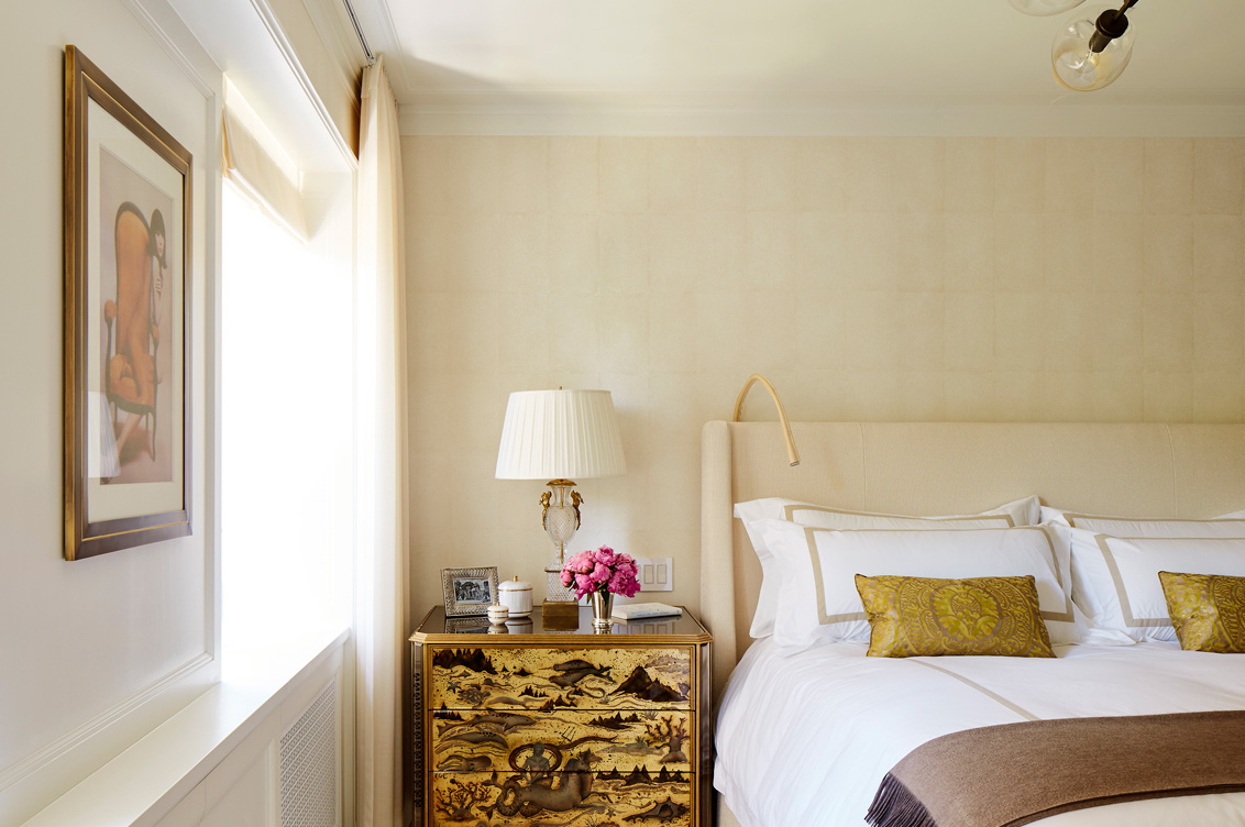 Fifth Avenue Pied-à-Terre bedroom in neutral tones with custom bedside table