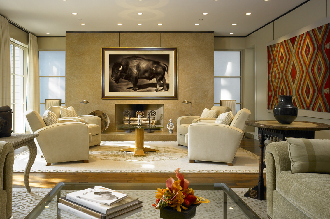 Lincoln Park Chicago landmark residence living room view of fireplace with large scale artwork by Jack Spencer