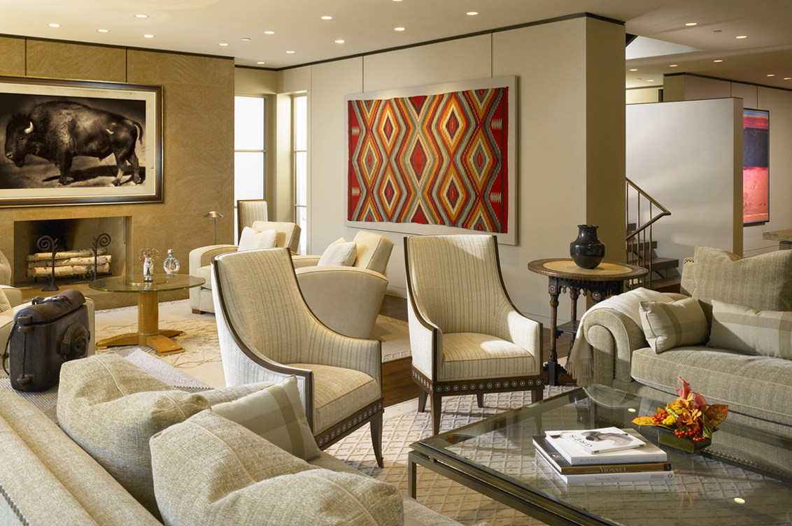 Lincoln Park Chicago landmark residence living room view of Navajo Indian Tribe textile on wall