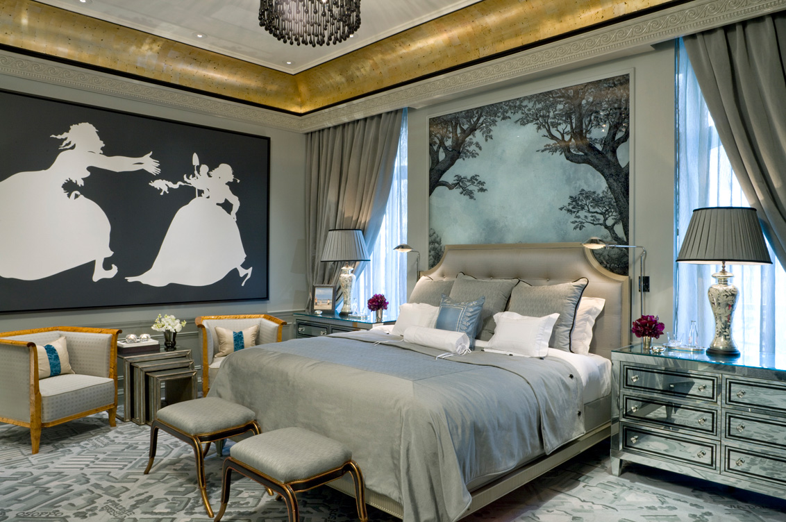 St. Regis NY owner’s suite bedroom with mirrored bedside tables and large scale artwork by Kara Walker