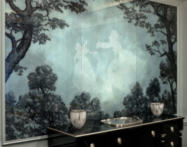 Bedroom detail showing custom dresser in black lacquer and Kara Walker artwork reflected above in the hand painted glass mural