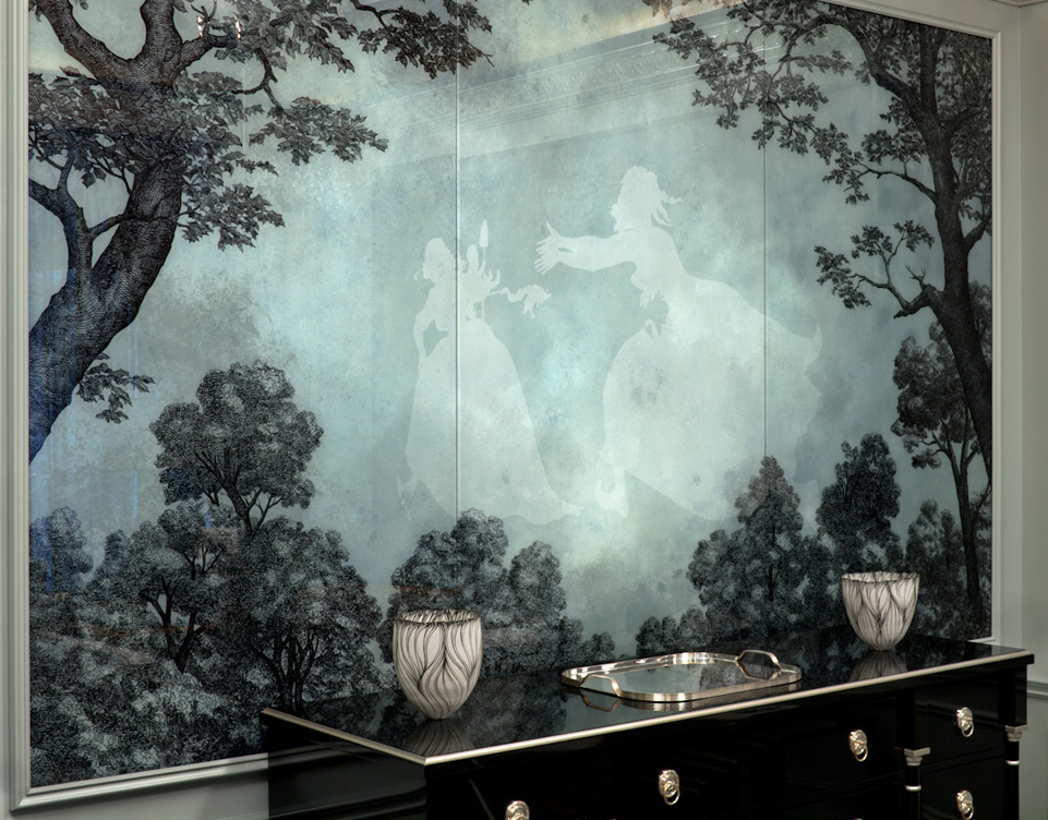 Bedroom detail showing custom dresser in black lacquer and Kara Walker artwork reflected above in the hand painted glass mural
