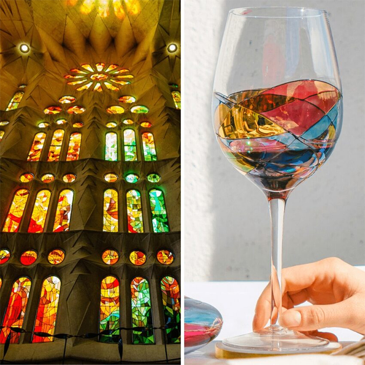 Sagrada Collection wine glass side by side with its inspiration The Basilica de la Sagrada Familia - Culture