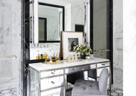St. Regis, NY owner’s suite ‘her’ bathroom detail view of vanity with artwork by Irving Penn and Waterworks mosaics and stone slabs