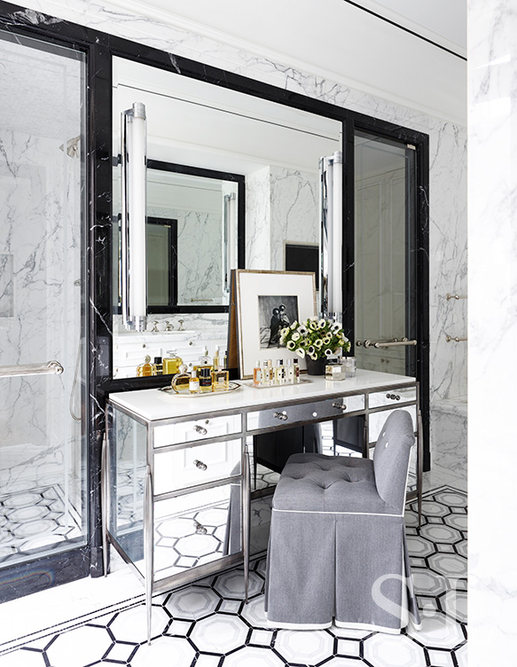 St. Regis, NY owner’s suite ‘her’ bathroom detail view of vanity with artwork by Irving Penn and Waterworks mosaics and stone slabs