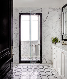 St. Regis, NY owner’s suite ‘his’ bathroom view towards shower in black, white and grey with Waterworks mosaics and stone slabs