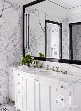 St. Regis, NY owner’s suite ‘his’ bathroom view towards vanity with Waterworks mosaics and stone slabs and PE Guerin hardware