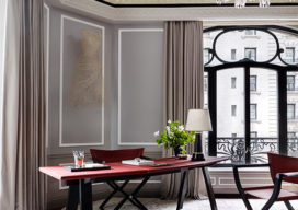 St. Regis, NY owner’s suite study with view of Hermes desk and chair and Baccarat chandelier