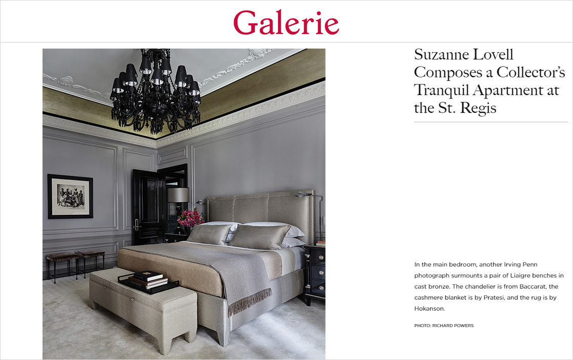 Bedroom featuring artwork by Irving Penn, Baccarat chandelier and Liaigre benches in residence designed by Suzanne Lovell at the St. Regis in New York