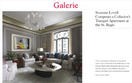 St. Regis NY owner’s suite living room with Baccarat chandelier and side table from Ralph Pucci