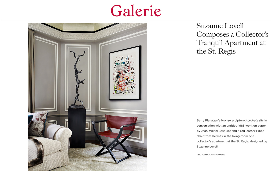 St. Regis NY owner’s suite living room with Hermès chair, and artworks by Jean-Michel Basquiat and Barry Flanagan