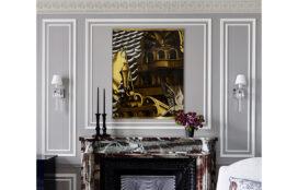 Fireplace detail featuring panel by Dupas and Baccarat sconces