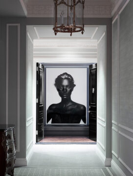 St. Regis, NY owner’s suite entry view from hall with artwork by Nick Knight