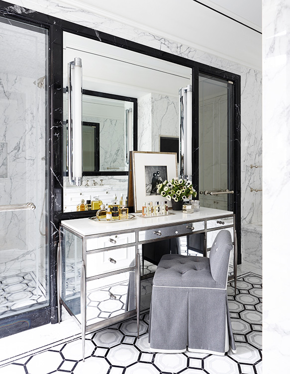 St. Regis, NY owner’s suite ‘her’ bathroom detail view of vanity with artwork by Irving Penn and Waterworks mosaics and stone slabs