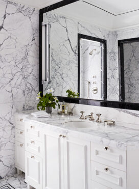 St. Regis, NY owner’s suite ‘his’ bathroom view towards vanity with Waterworks mosaics and stone slabs and PE Guerin hardware