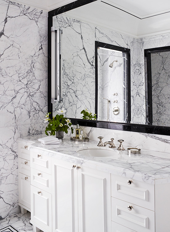 St. Regis, NY owner’s suite ‘his’ bathroom view towards vanity with Waterworks mosaics and stone slabs and PE Guerin hardware