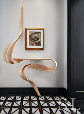 Entryway in Lincoln Park residence with Enignum Shelf by Joseph Walsh and painting by Wolfgang Paalen