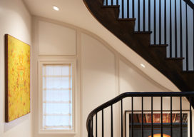 Lincoln Park residence stair with painting by Lee Mullican