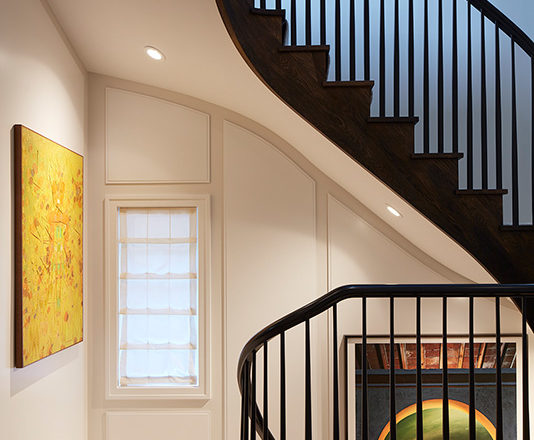 Lincoln Park residence stair with painting by Lee Mullican