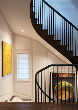 Lincoln Park residence stair with painting by Lee Mullican