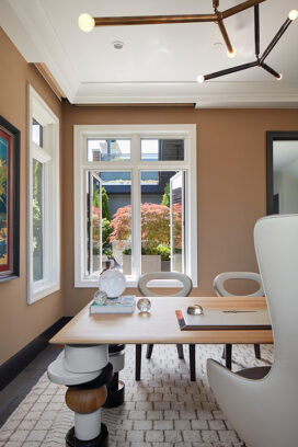 Lincoln Park residence office with desk by India Mahdavi, light fixtures by Apparatus and wing chair by Giorgetti