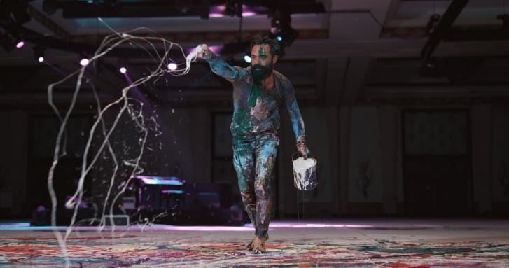 Paint splatter is one of Jafri's signature additions to his canvas works.