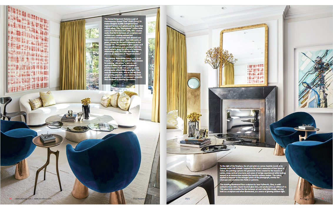 Antiques & Fine Art Magazine spread featuring living room designed by Suzanne Lovell Inc.