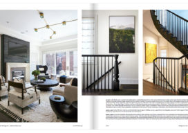 Antiques & Fine Art Magazine spread featuring family room and stair designed by Suzanne Lovell Inc.