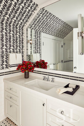 Oak Park Landmark guest bathroom with Schumacher wallpaper