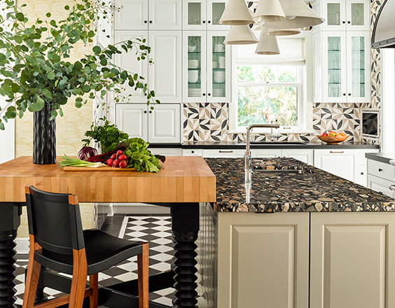 Oak Park Landmark Residence kitchen with black and white stone floor