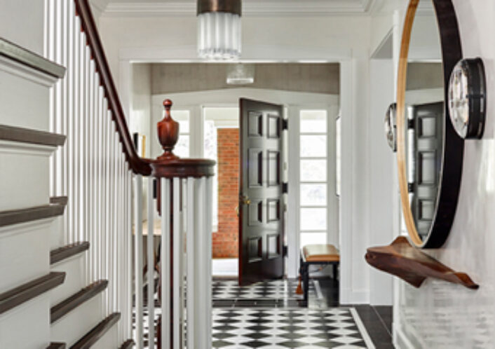 Foyer of Oak Park Residence with black and white floor