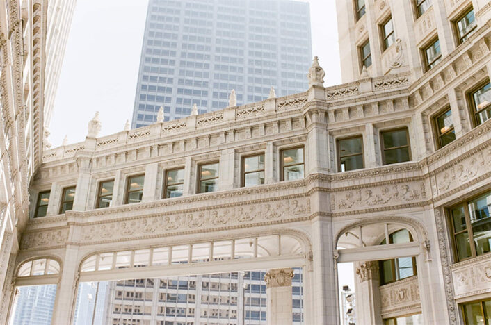 Detail view of the Wrigley Building and its terra cotta tiles