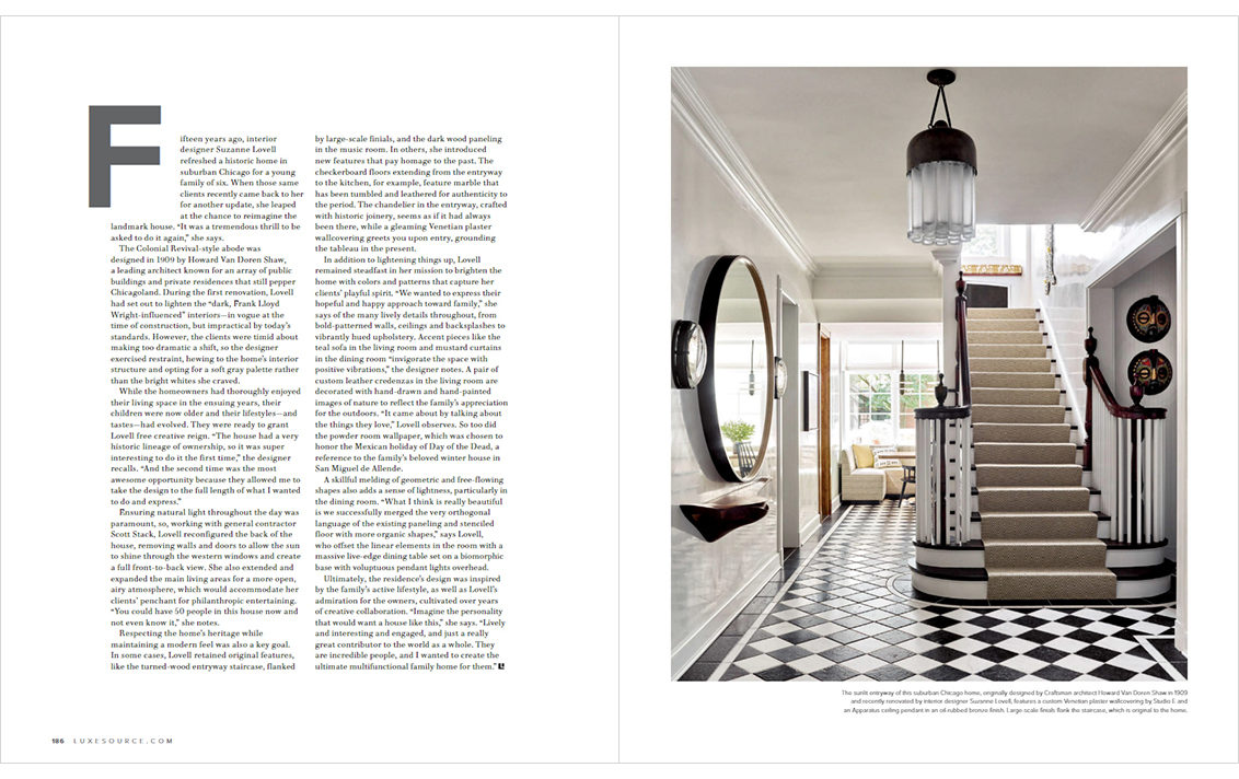 LUXE Magazine feature article featuring residential foyer and stair designed by Suzanne Lovell