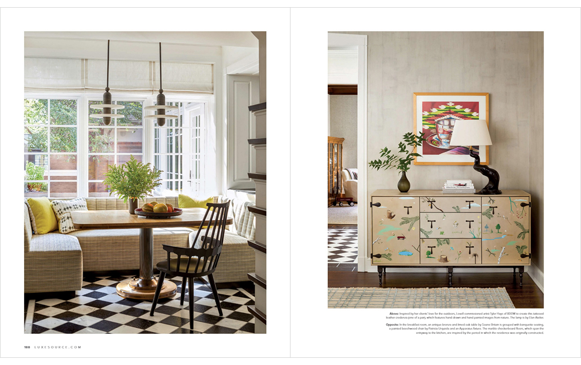LUXE Magazine feature article featuring residential interiors designed by Suzanne Lovell, with Soane Britain table and BDDW cabinet