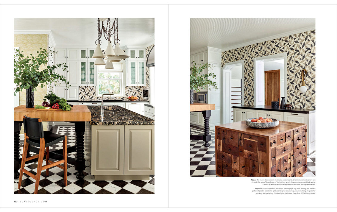 LUXE Magazine feature article featuring residential kitchen interior designed by Suzanne Lovell, featuring Waterworks wall tiles