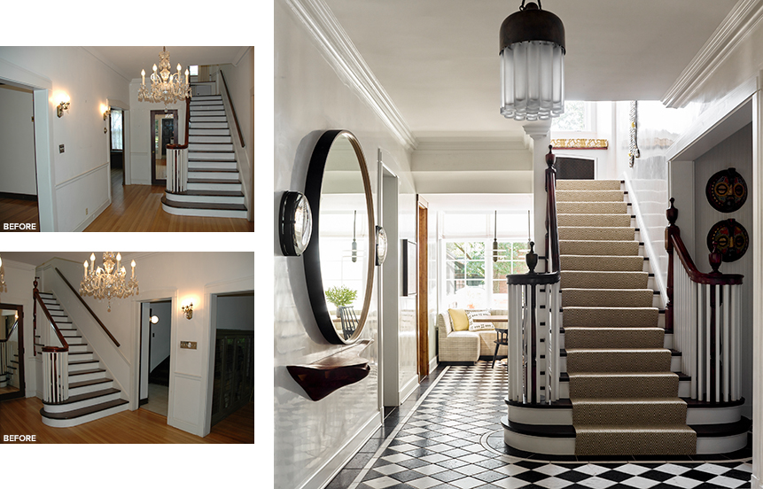 Before & After showing renovated entryway and stair
