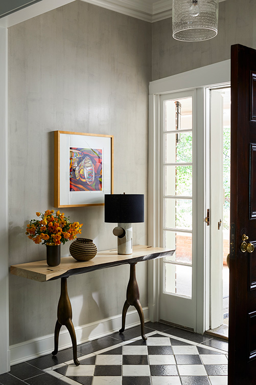 Entry of Oak Park Landmark Residence with black and white stone floor