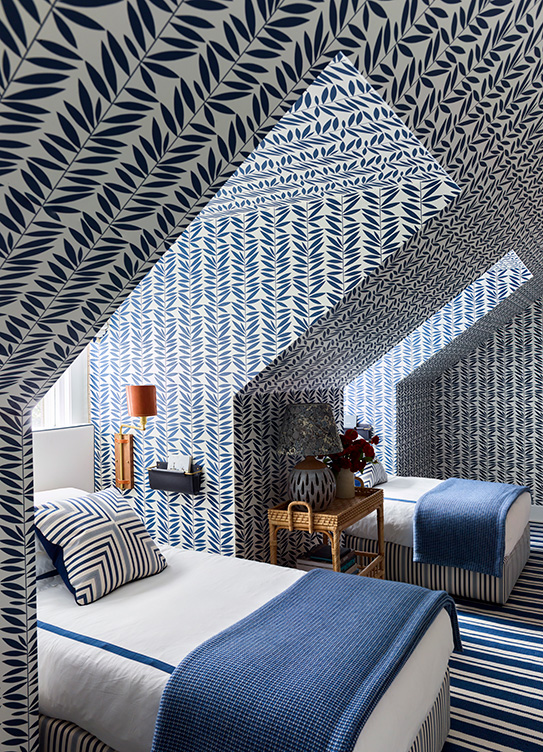 Oak Park Landmark guest bedroom with Schumacher wallpaper