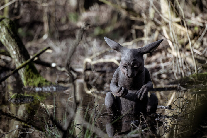 Margit Brundin's hare sculpture photographed outdoors in nature