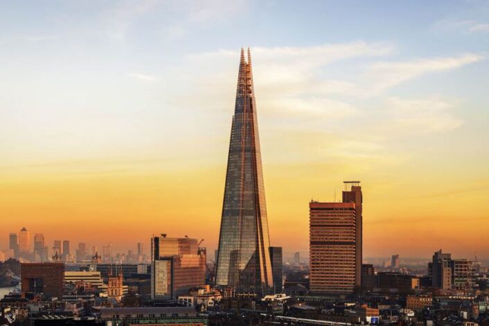 The Shard in London at dusk.