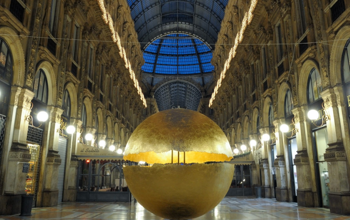 The exhibition in Milan featured a giant sphere laying on the ground.