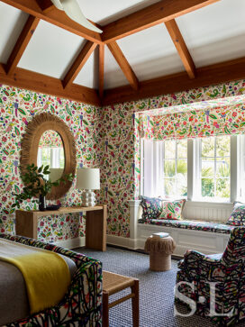 Guest bedroom of vacation residence on Hilton Head Island with fabrics and wallpaper by Pierre Frey