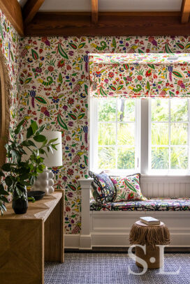 Guest bedroom of vacation residence on Hilton Head Island with fabrics and wallpaper by Pierre Frey